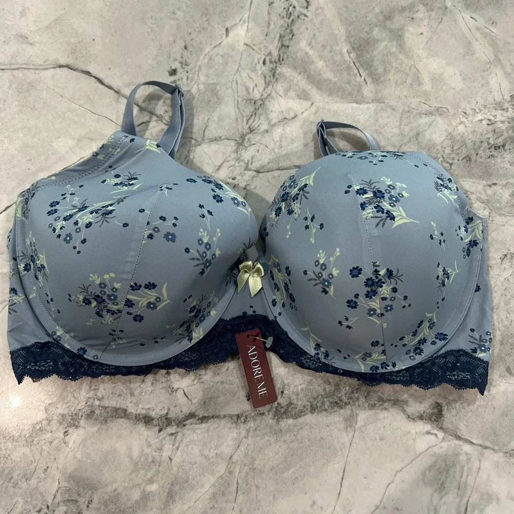 Adore Me Bra 38DD Push Up Plunge‎ Underwire Blue Floral